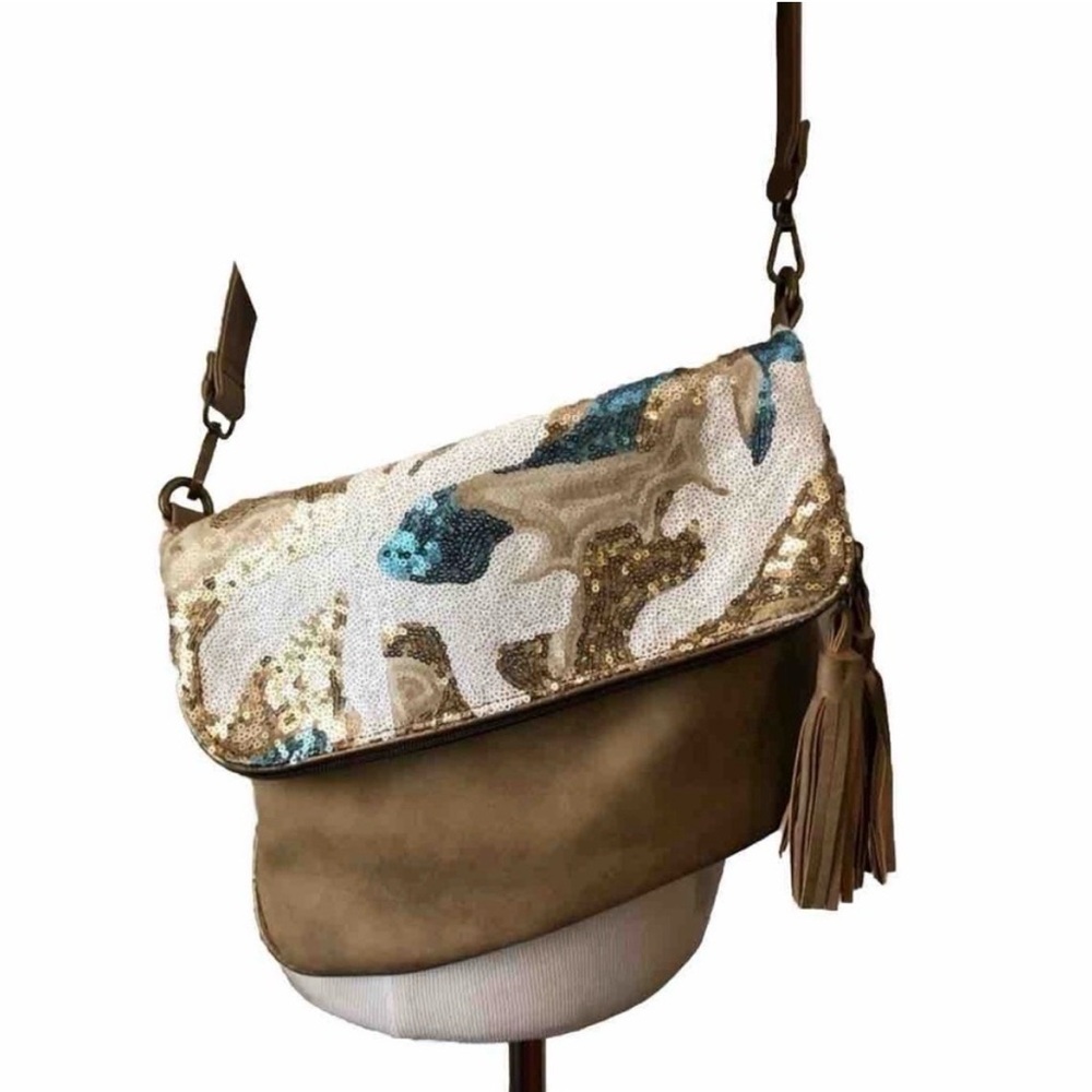 Sequin Camo Flap Crossbody in Taupe